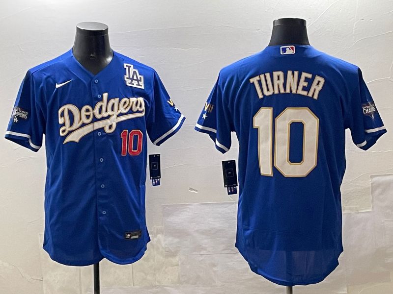 Men Los Angeles Dodgers 10 Turner Blue Gold Elite 2025 Nike MLB Jersey style 8